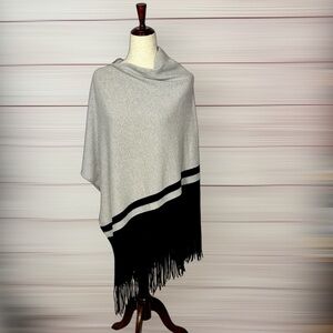 360 Sweater Cashmere Cape Poncho Wrap with Fringes Gray Black